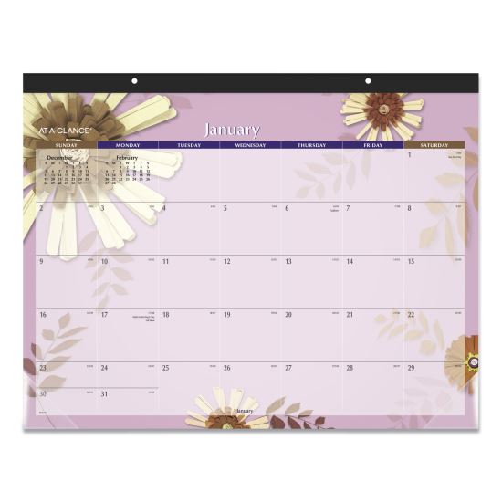 Paper Flowers Desk Pad, Floral Artwork, 22 x 17, Black Binding, Clear Corners, 12-Month (Jan to Dec): 20221