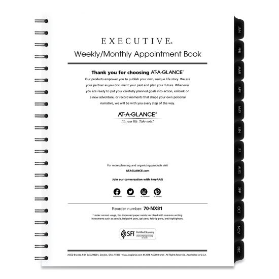 Executive Weekly/Monthly Planner Refill with 15-Minute Appointments, 11 x 8.25, White Sheets, 12-Month (Jan to Dec): 20221
