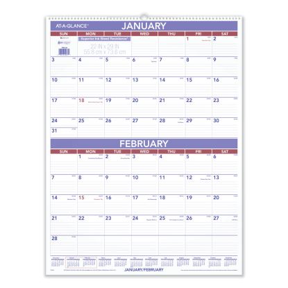 Two-Month Wall Calendar, 22 x 29, White/Blue/Red Sheets, 12-Month (Jan to Dec): 20231