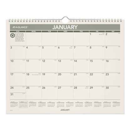 Recycled Wall Calendar, Unruled Blocks, 15 x 12, Sand/Green Sheets, 12-Month (Jan to Dec): 20221