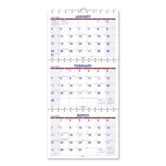 Move-A-Page Three-Month Wall Calendar, 12 x 27, White/Red/Blue Sheets, 15-Month (Dec to Feb): 2021 to 20231