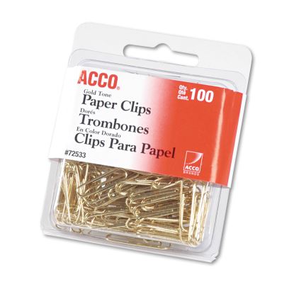 Gold Tone Paper Clips, #2, Smooth, Gold, 100/Box1