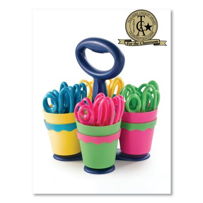 Scissor Caddy with Kids' Scissors, 5" Long, 2" Cut Length, Light Blue; Light Green; Pink; Red, Straight Handles, 24/Set1
