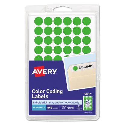 Handwrite Only Self-Adhesive Removable Round Color-Coding Labels, 0.5" dia., Neon Green, 60/Sheet, 14 Sheets/Pack, (5052)1
