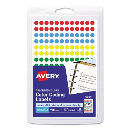 Handwrite Only Self-Adhesive Removable Round Color-Coding Labels, 0.25" dia., Assorted, 192/Sheet, 4 Sheets/Pack, (5795)1