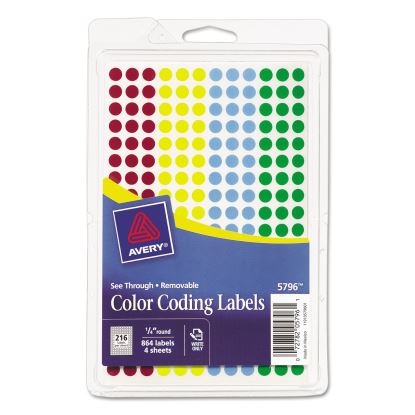 Handwrite-Only Self-Adhesive "See Through" Removable Round Color Dots, 0.25" dia., Assorted, 216/Sheet, 4 Sheets/Pack, (5796)1