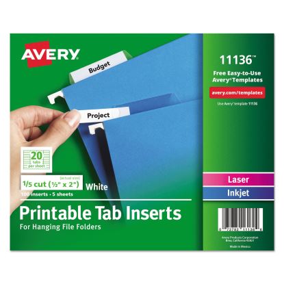 Tabs Inserts For Hanging File Folders, 1/5-Cut Tabs, White, 2" Wide, 100/Pack1