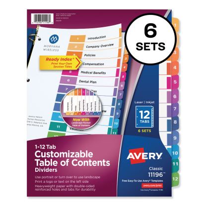 Customizable TOC Ready Index Multicolor Dividers, 12-Tab, Letter, 6 Sets1