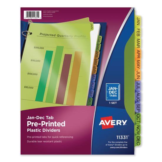 Durable Preprinted Plastic Tab Dividers, 12-Tab, Jan. to Dec., 11 x 8.5, Assorted, 1 Set1