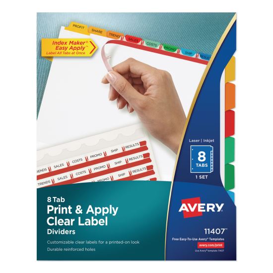 Print and Apply Index Maker Clear Label Dividers, 8 Color Tabs, Letter1