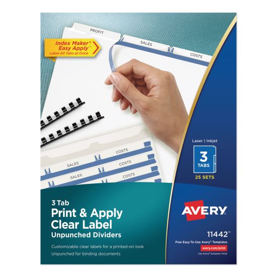 Print and Apply Index Maker Clear Label Unpunched Dividers, 3-Tab, Ltr, 25 Sets1