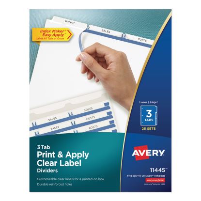 Print and Apply Index Maker Clear Label Dividers, 3 White Tabs, Letter, 25 Sets1
