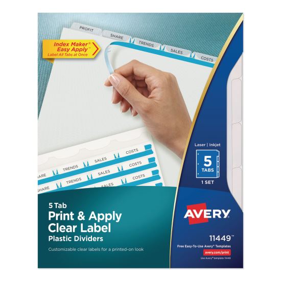 Print and Apply Index Maker Clear Label Plastic Dividers with Printable Label Strip, 5-Tab, 11 x 8.5, Translucent, 1 Set1