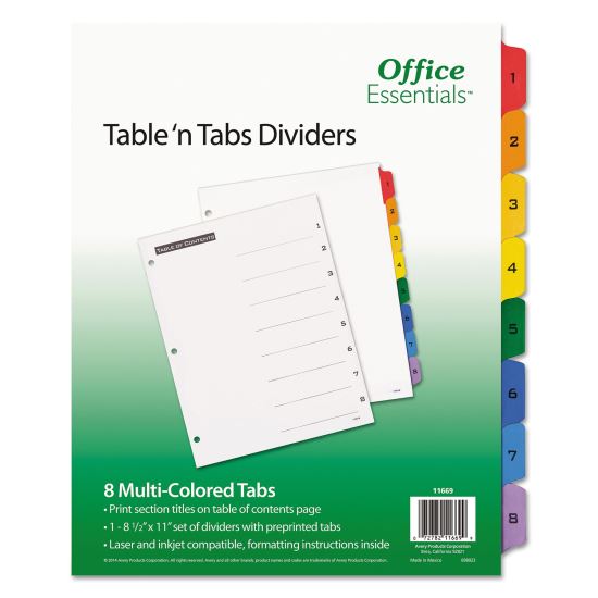 Table 'n Tabs Dividers, 8-Tab, 1 to 8, 11 x 8.5, White, 1 Set1