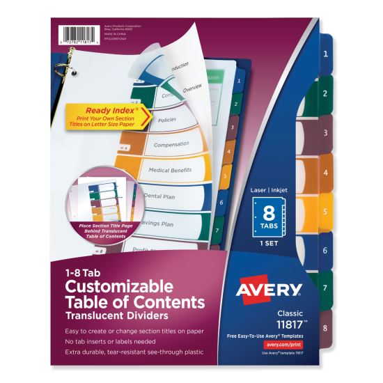 Customizable Table of Contents Ready Index Dividers with Multicolor Tabs, 8-Tab, 1 to 8, 11 x 8.5, Translucent, 1 Set1