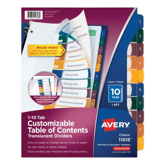 Customizable Table of Contents Ready Index Dividers with Multicolor Tabs, 10-Tab, 1 to 10, 11 x 8.5, Translucent, 1 Set1