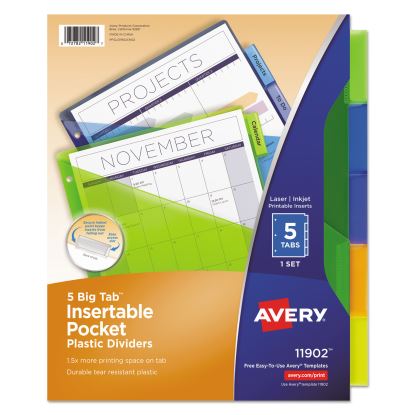 Insertable Big Tab Plastic 1-Pocket Dividers, 5-Tab, 11.13 x 9.25, Assorted, 1 Set1