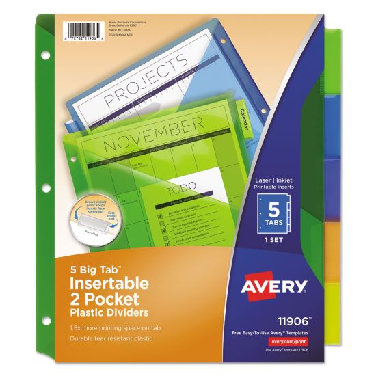 Insertable Big Tab Plastic 2-Pocket Dividers, 5-Tab, 11.13 x 9.25, Assorted, 1 Set1