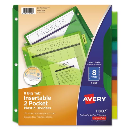 Insertable Big Tab Plastic 2-Pocket Dividers, 8-Tab, 11.13 x 9.25, Assorted, 1 Set1