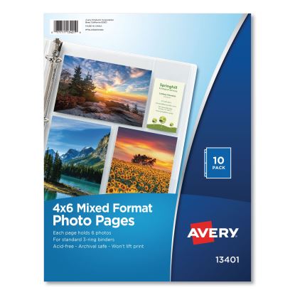 Photo Storage Pages for Six 4 x 6 Mixed Format Photos, 3-Hole Punched, 10/Pack1