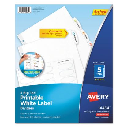 Big Tab Printable White Label Tab Dividers, 5-Tab, Letter, 20 per pack1
