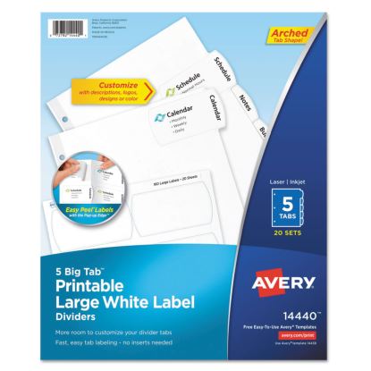 Big Tab Printable Large White Label Tab Dividers, 5-Tab, Letter, 20 per pack1