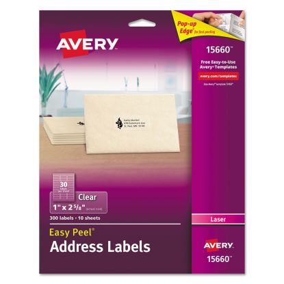 Matte Clear Easy Peel Mailing Labels w/ Sure Feed Technology, Laser Printers, 1 x 2.63, Clear, 30/Sheet, 10 Sheets/Pack1