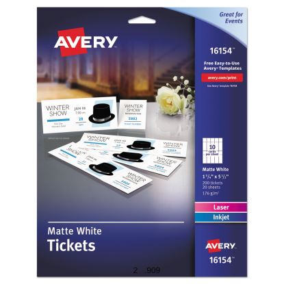 Printable Tickets w/Tear-Away Stubs, 97 Bright, 65 lb Cover Weight, 8.5 x 11, White, 10 Tickets/Sheet, 20 Sheets/Pack1