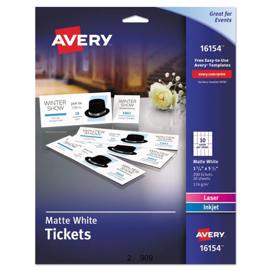 Printable Tickets w/Tear-Away Stubs, 97 Bright, 65 lb Cover Weight, 8.5 x 11, White, 10 Tickets/Sheet, 20 Sheets/Pack1