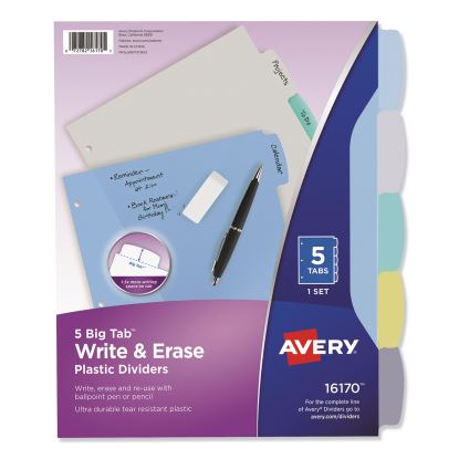 Write and Erase Big Tab Durable Plastic Dividers, 3-Hold Punched, 5-Tab, 11 x 8.5, Assorted, 1 Set1