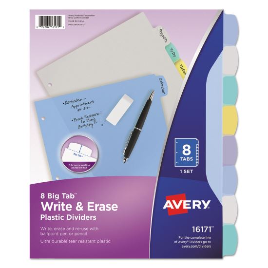 Write and Erase Big Tab Durable Plastic Dividers, 3-Hold Punched, 8-Tab, 11 x 8.5, Assorted, 1 Set1