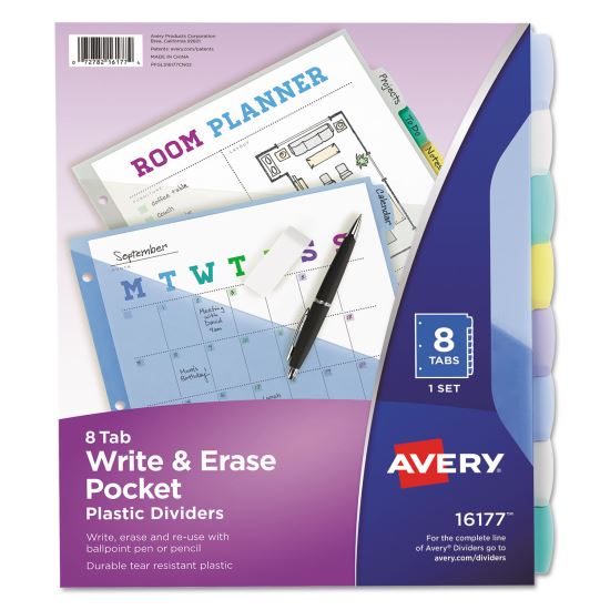 Write and Erase Durable Plastic Dividers with Pocket, 3-Hold Punched, 8-Tab, 11.13 x 9.25, Assorted, 1 Set1