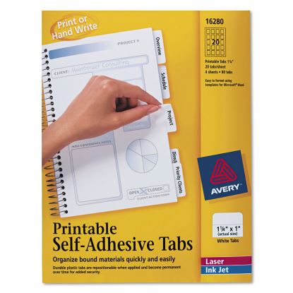Printable Plastic Tabs with Repositionable Adhesive, 1/5-Cut, White, 1.25" Wide, 96/Pack1