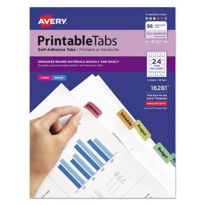 Printable Plastic Tabs with Repositionable Adhesive, 1/5-Cut, Assorted Colors, 1.25" Wide, 96/Pack1