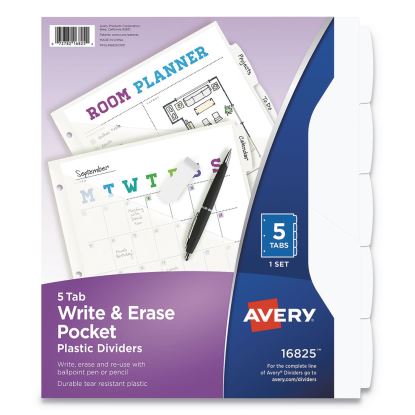 Write and Erase Durable Plastic Dividers with Pocket, 5-Tab, 11.13 x 9.25, White, 1 Set1
