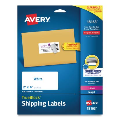 Shipping Labels w/ TrueBlock Technology, Inkjet Printers, 2 x 4, White, 10/Sheet, 10 Sheets/Pack1