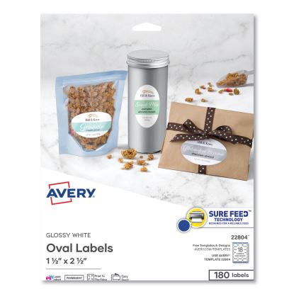Oval Labels with Sure Feed and Easy Peel, 1 1/2 x 2 1/2, Glossy White, 180/Pack1