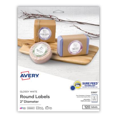 Round Print-to-the Edge Labels with Sure Feed and Easy Peel, 2" dia, Glossy White, 120/PK1