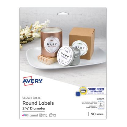 Round Print-to-the Edge Labels with SureFeed, 2.5" dia, Glossy White, 90/PK1