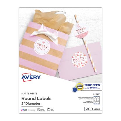 Round Print-to-the Edge Labels with SureFeed and EasyPeel, 2" dia., Matte White, 300/Pack1