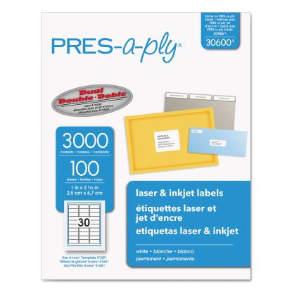 Labels, Laser Printers, 1 x 2.63, White, 30/Sheet, 100 Sheets/Box1