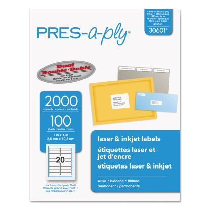 Labels, Laser Printers, 1 x 4, White, 20/Sheet, 100 Sheets/Box1