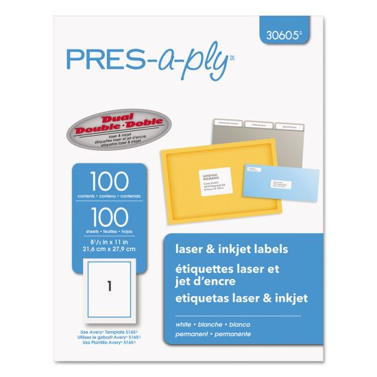 Labels, Laser Printers, 8.5 x 11, White, 100/Box1