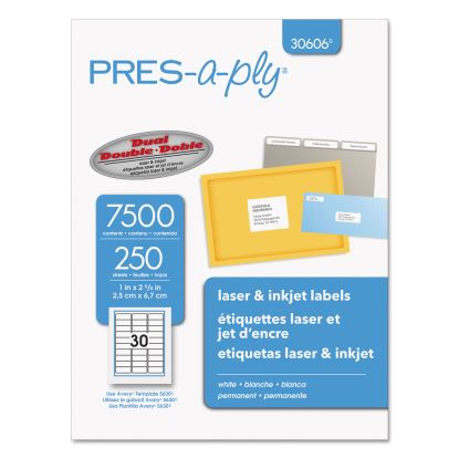 Labels, Laser Printers, 1 x 2.63, White, 30/Sheet, 250 Sheets/Box1
