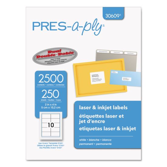 Labels, Laser Printers, 2 x 4, White, 10/Sheet, 250 Sheets/Box1