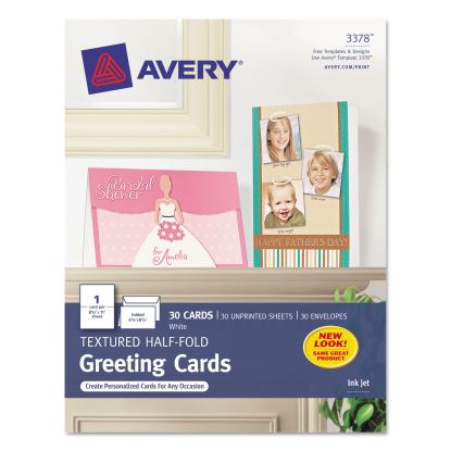 Half-Fold Greeting Cards with Envelopes, Inkjet, 65 lb, 5.5 x 8.5, Textured Uncoated White, 1 Card/Sheet, 30 Sheets/Box1
