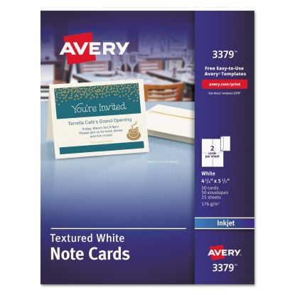 Note Cards with Matching Envelopes, Inkjet, 65lb, 4.25 x 5.5, Textured Uncoated White, 50 Cards, 2 Cards/Sheet, 25 Sheets/Box1
