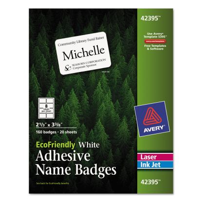 EcoFriendly Adhesive Name Badge Labels, 3.38 x 2.33, White, 160/Box1