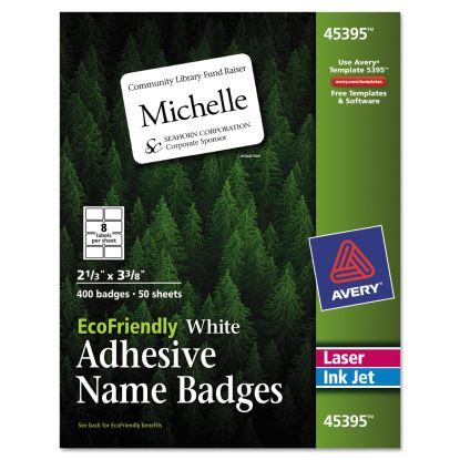 EcoFriendly Adhesive Name Badge Labels, 3.38 x 2.33, White, 400/Box1