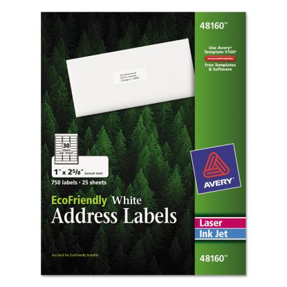 EcoFriendly Mailing Labels, Inkjet/Laser Printers, 1 x 2.63, White, 30/Sheet, 25 Sheets/Pack1